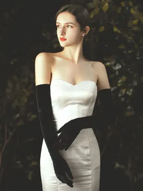 ---Long elegant black satin gloves for evening or ceremony for sale online--