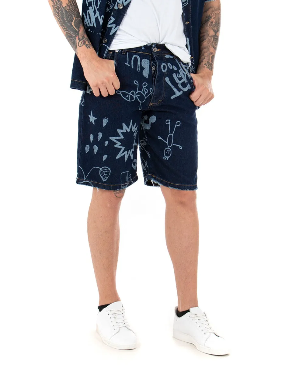 Bermuda Pantaloncino Uomo Jeans Denim Scuro Stampe Cinque Tasche GIOSAL-PC1767A