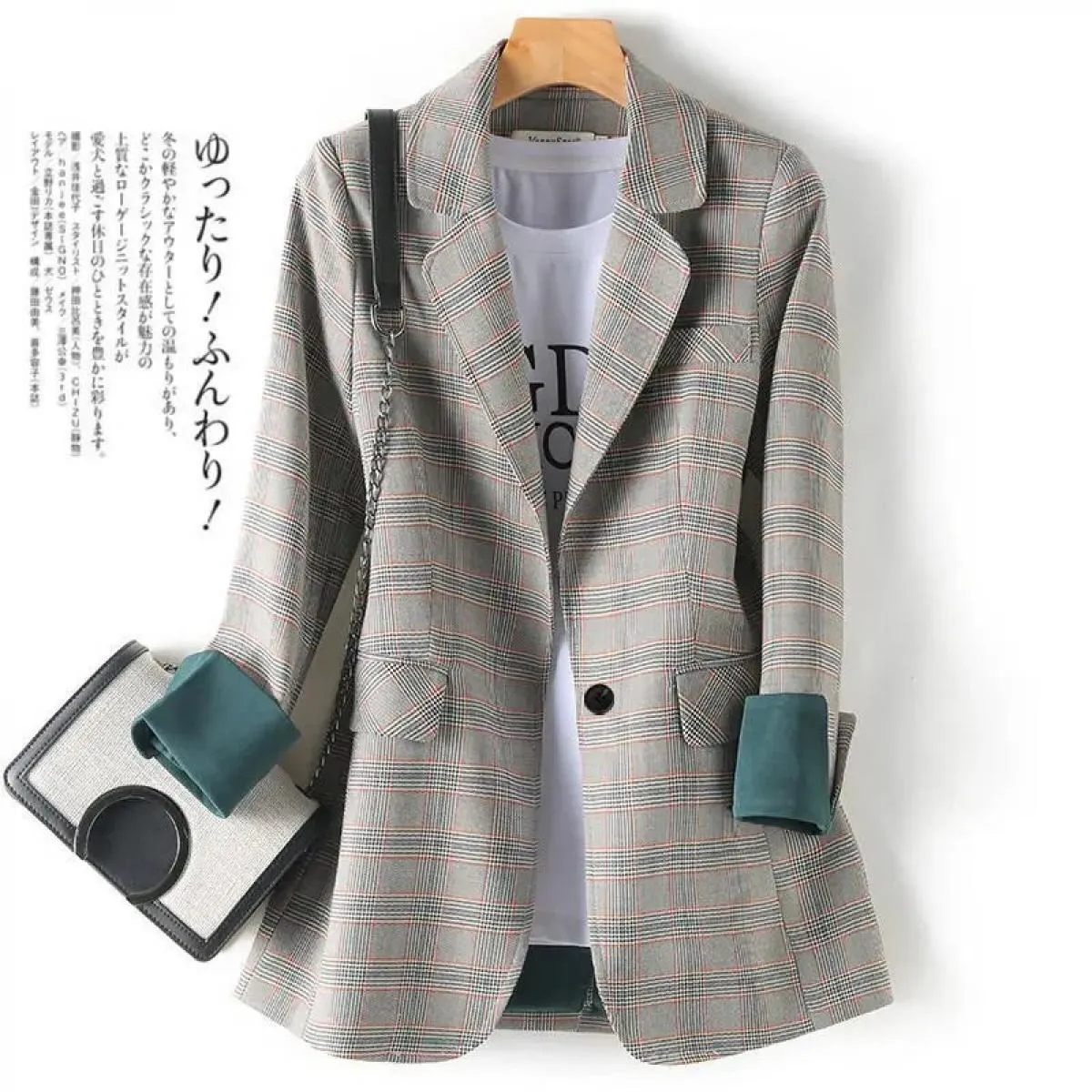 Blazer a reticolo Donna Chic Primavera Allentato Lady Cappotti eleganti Bottone singolo Capispalla minimalista Giacca a maniche