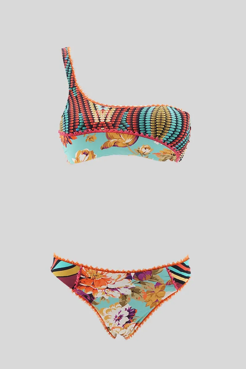 Patchwork One Shoulder Bandeau Bikini / Green