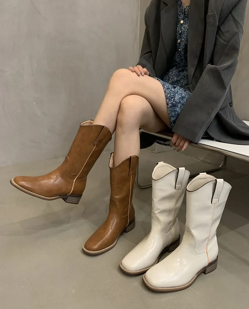 Retro Design Low-heeled Knight Boots For Women, New Spring And Autumn Cool Motorcycle Fashion Mid-calf Single Boots