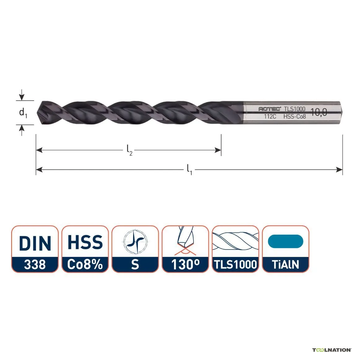 Rotec 112.0770C Punta elicoidale HSS-E, DIN338, tipo TLS1000, TiAlN, Ø7,7
