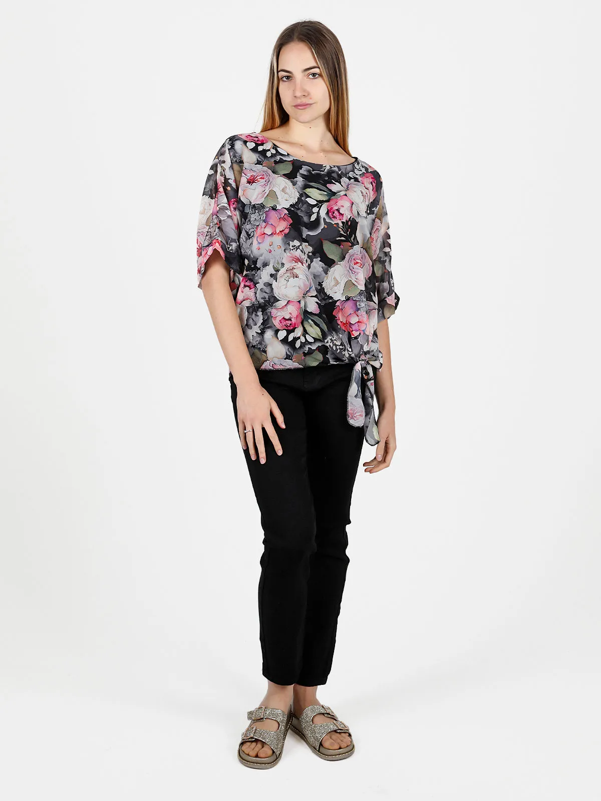 Solada Blouse femme fleurie à manches courtes chauve-souris
