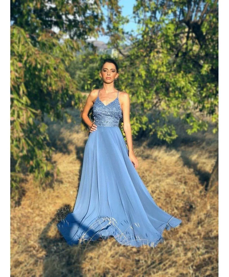 Vestito elegante, da cerimonia - Lungo - Azzurro - Nicole